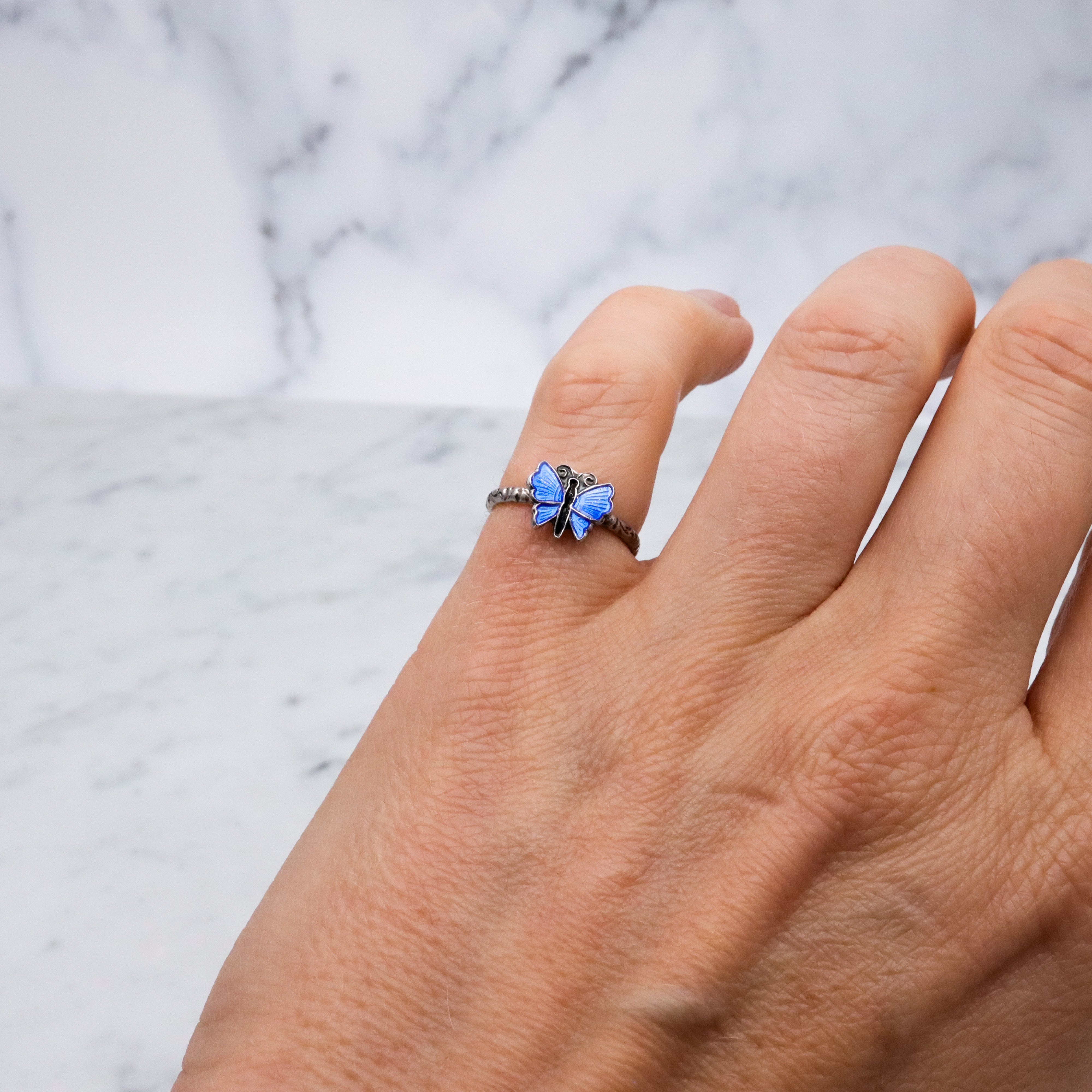 Retro Scandinavian sterling enamel tiny blue butterfly ring, size 3 adjustable
